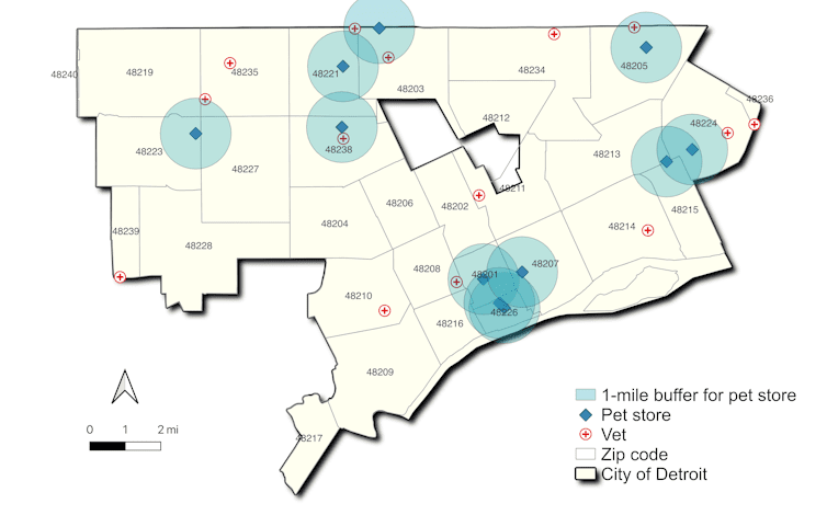 디트로이트 시를 우편번호로 구분한 지도와 애완동물 용품점이 표시되어 있습니다.